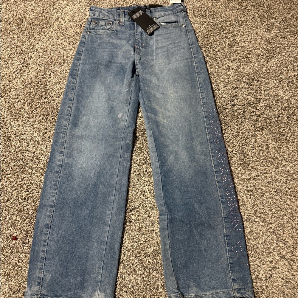 True Religion Light Blue Wide-Leg Jeans with Side Stud Detail